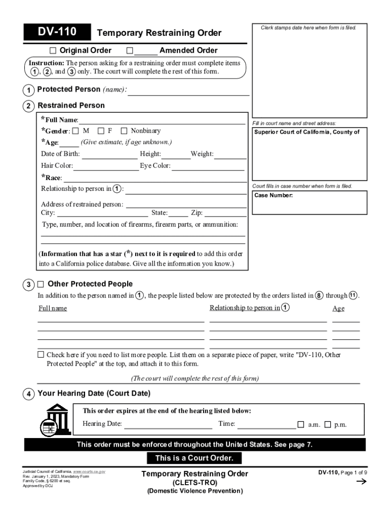  DV 110 Temporary Restraining Order CLETS TRO 2023-2024