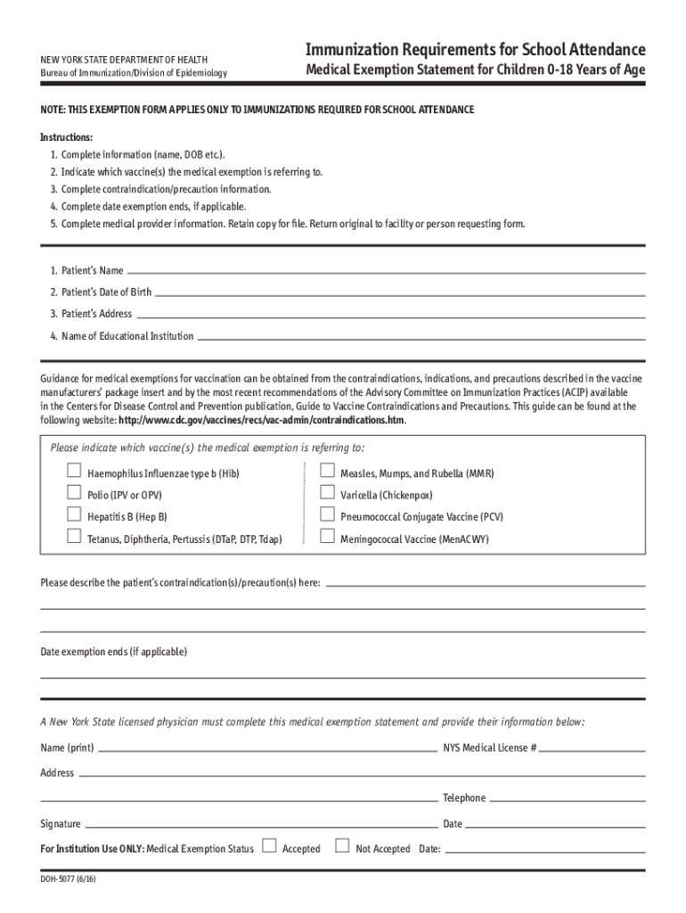 NYSDOH 5077 Medical Exemption Form ADA PDF