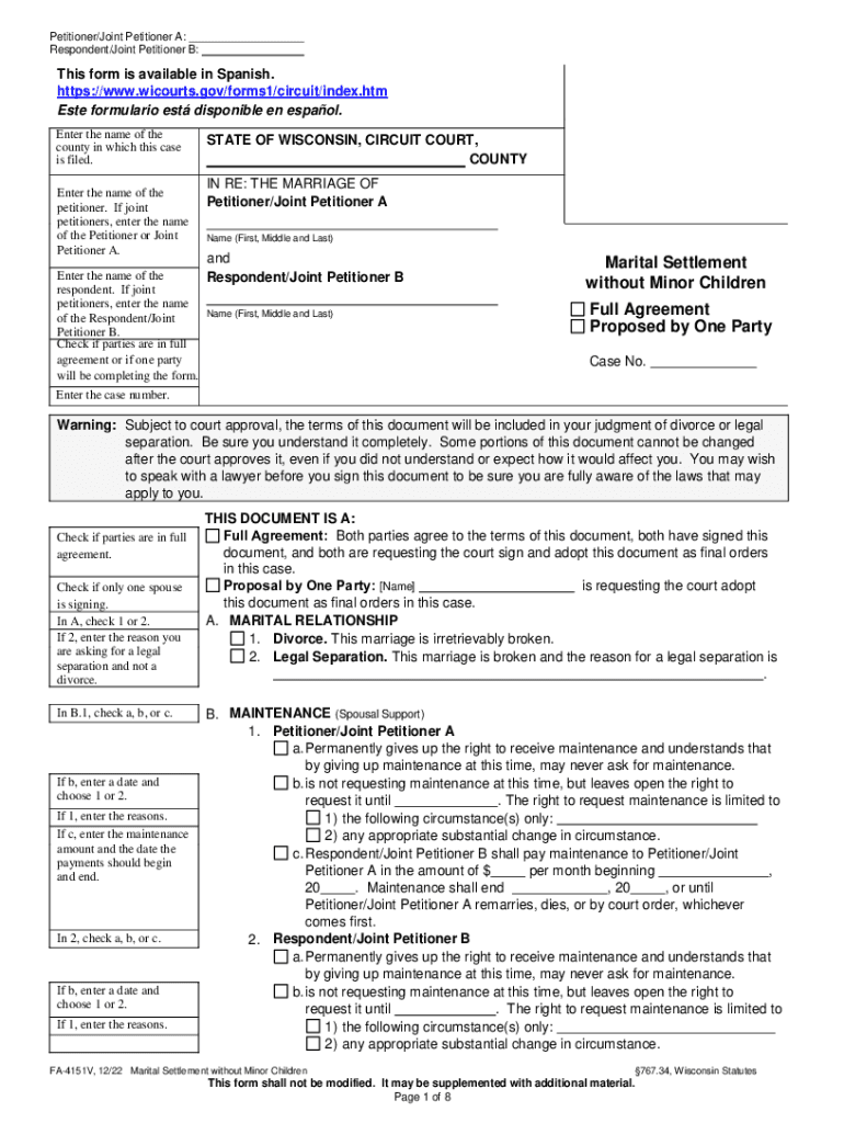  FA 4151V Marital Settlement Agreement Without Minor Children 2022-2024