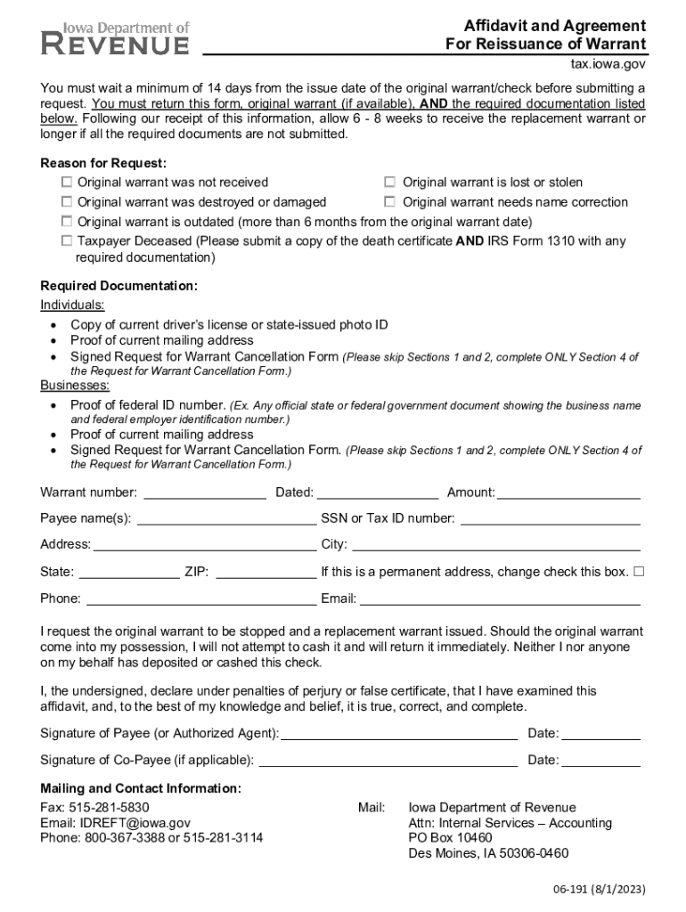 Affidavit and Agreement for Reissuance of Warrant  Form