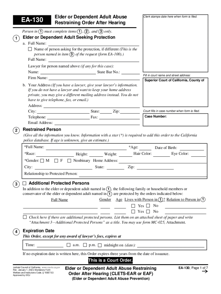  EA 130 Elder or Dependent Adult Abuse Restraining Order After Hearing CLETS EAR or EAF 2023-2024