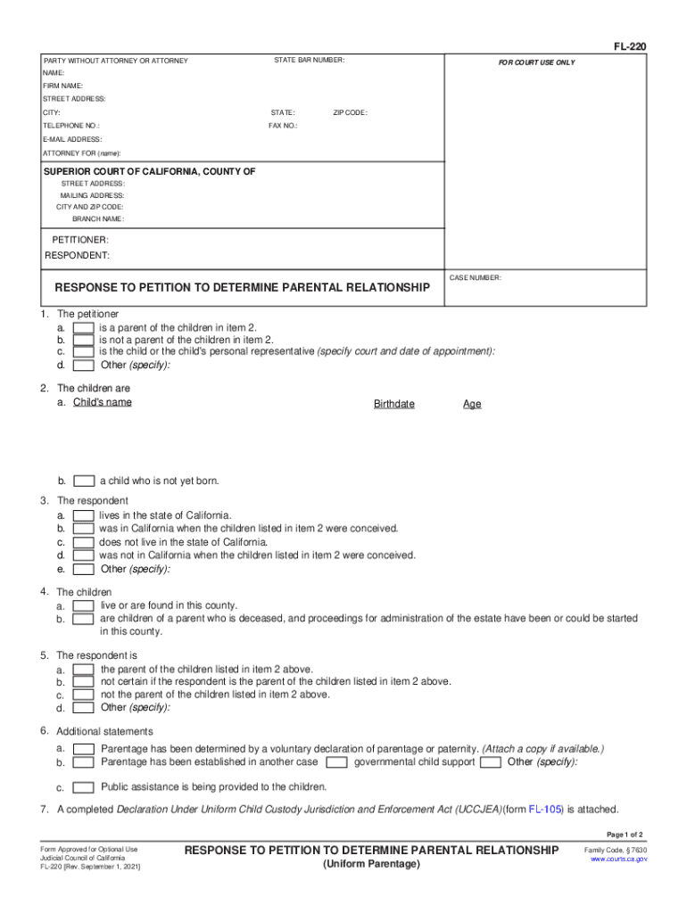  FL 220 RESPONSE to PETITION to DETERMINE PARENTAL RELATIONSHIP 2021-2024