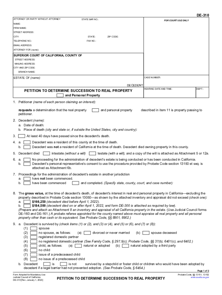  DE 310 Petition to Determine Succession to Real Property 2023-2024