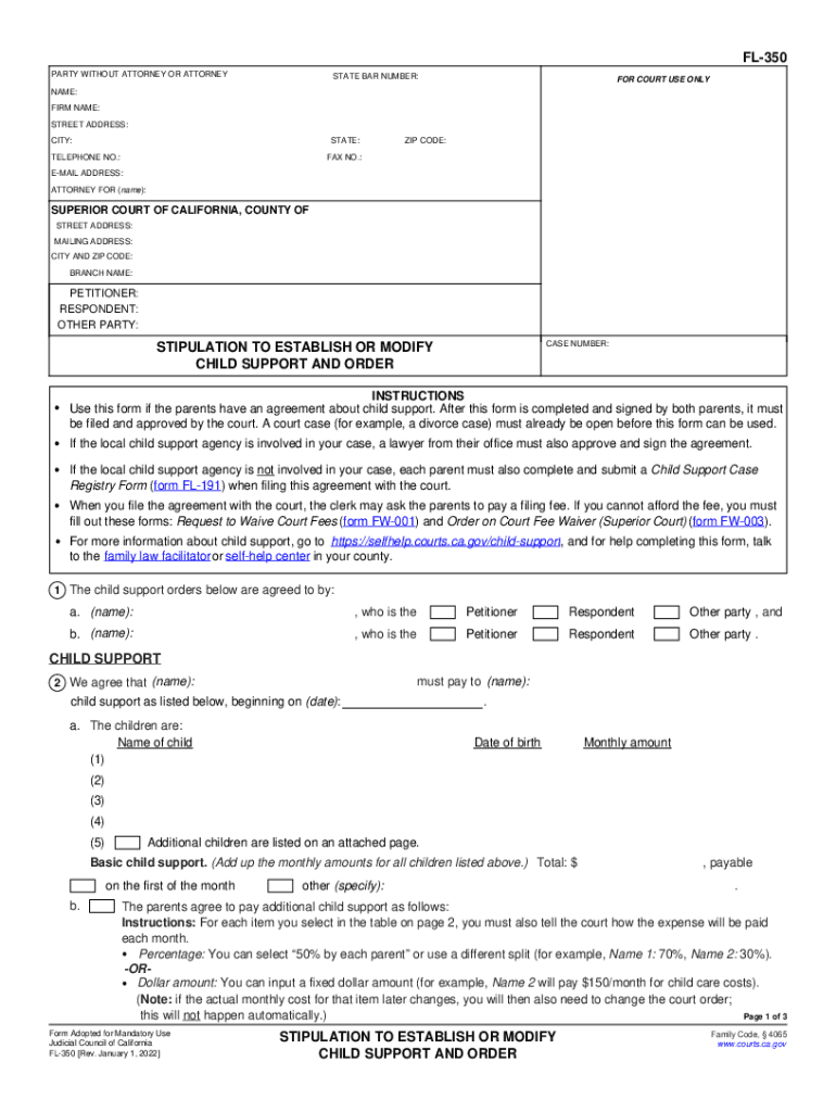  FL 350 Stipulation to Establish or Modify Child Support and Order 2022-2024