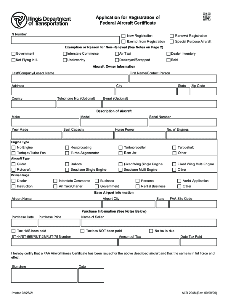 AER 2048 Application for Registration of Federal Aircraft Certificate  Form