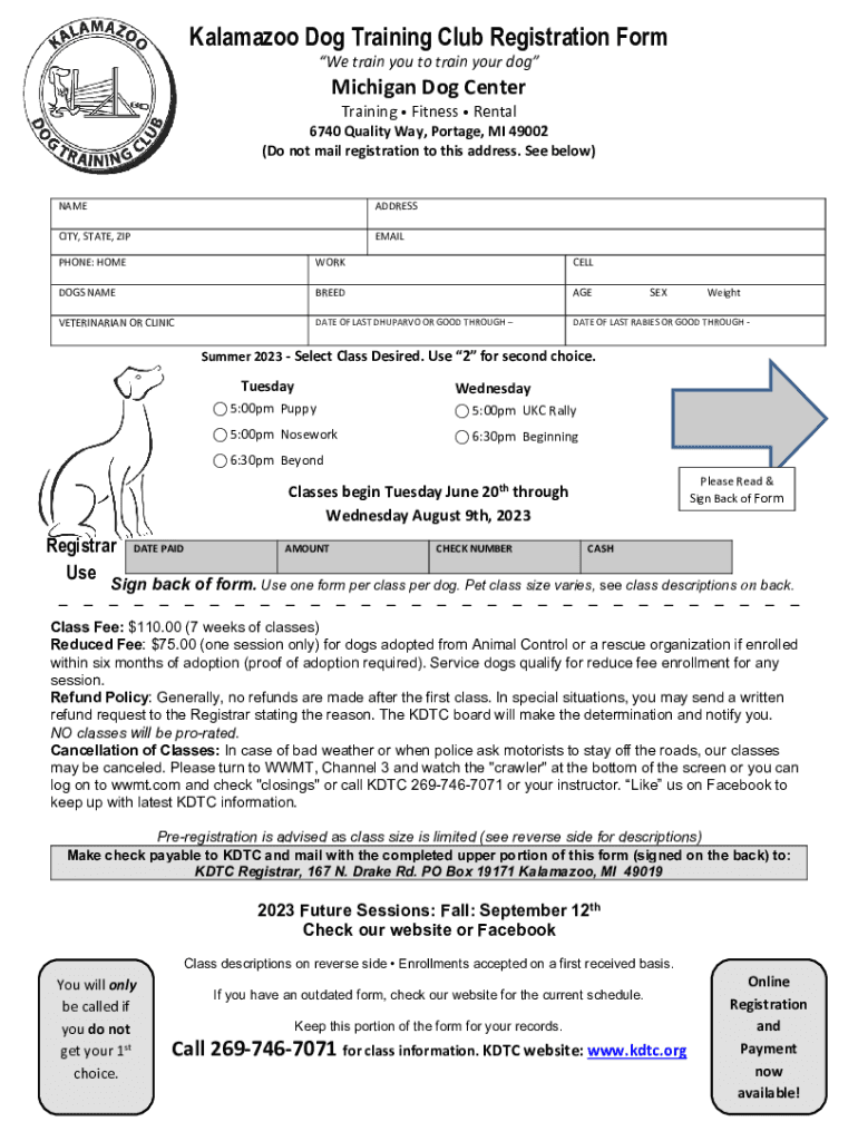 Fillable Online Kdtc Kalamazoo Dog Training Club  Form