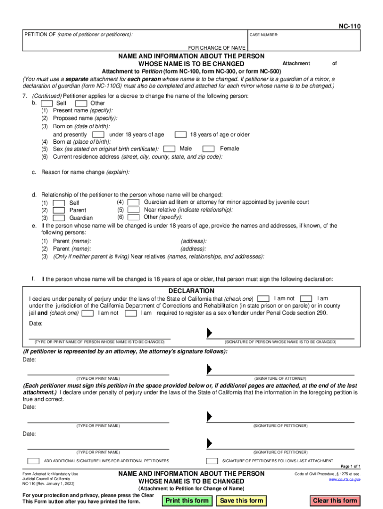  NC 110 NAME and INFORMATION ABOUT the PERSON WHOSE NAME is to BE CHANGED Attachment to Petition for Change of Name 2023-2024