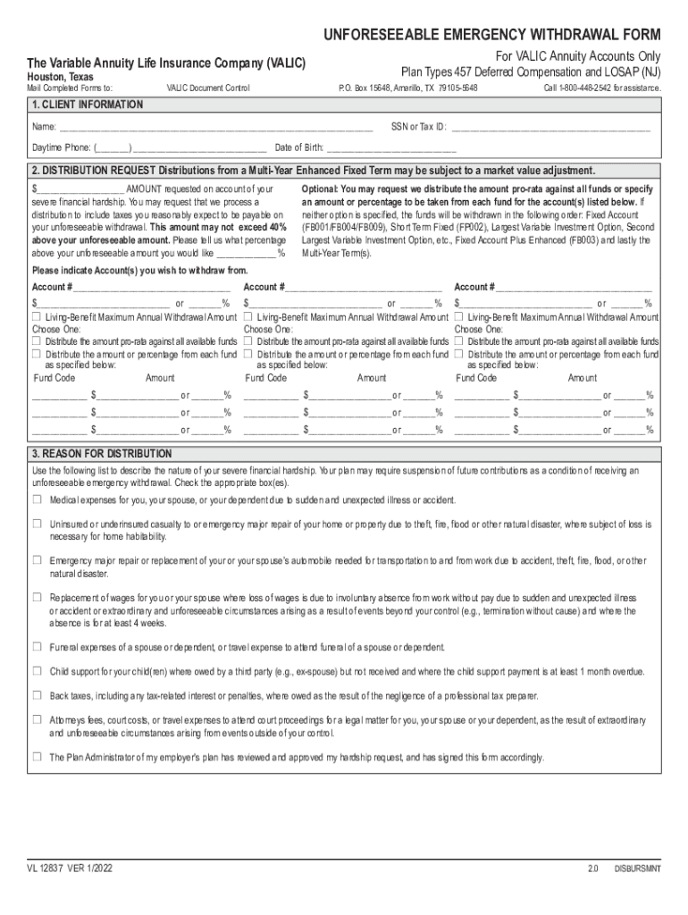 UNFORESEEABLE EMERGENCY WITHDRAWAL FORM Valic