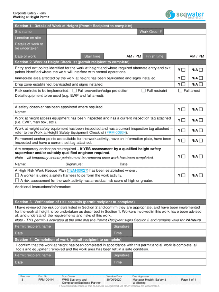 Corporate Safety Work at Height Permit Form