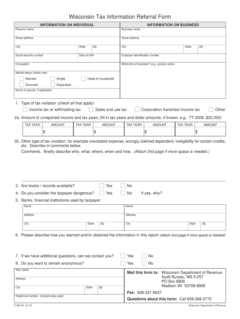  P 626 Wisconsin Tax Information Referral Form Revenue Wi 2013