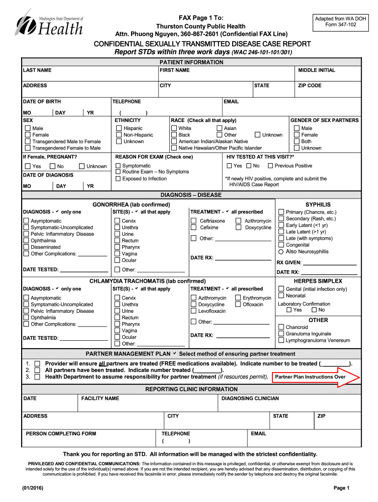  Thurston County Confidential Sexually Transmitted Disease Case Report Form and Fax Prescription for STD Treatment Packs Washingt 2013