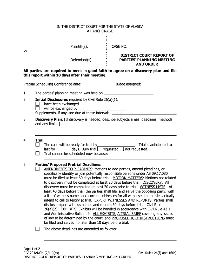 CIV 201 ANCH District Court Report of Parties Planning Meeting 1  Form