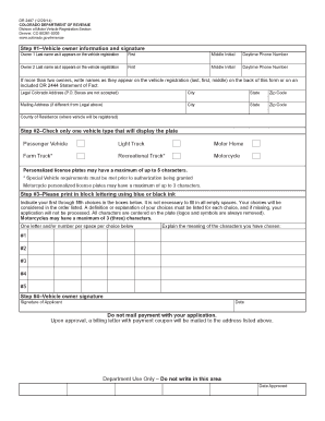 Persons with Disabilities Personalized License Plates Application Colorado  Form