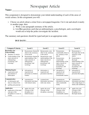 Newspaper Article Rubric Grade 5  Form