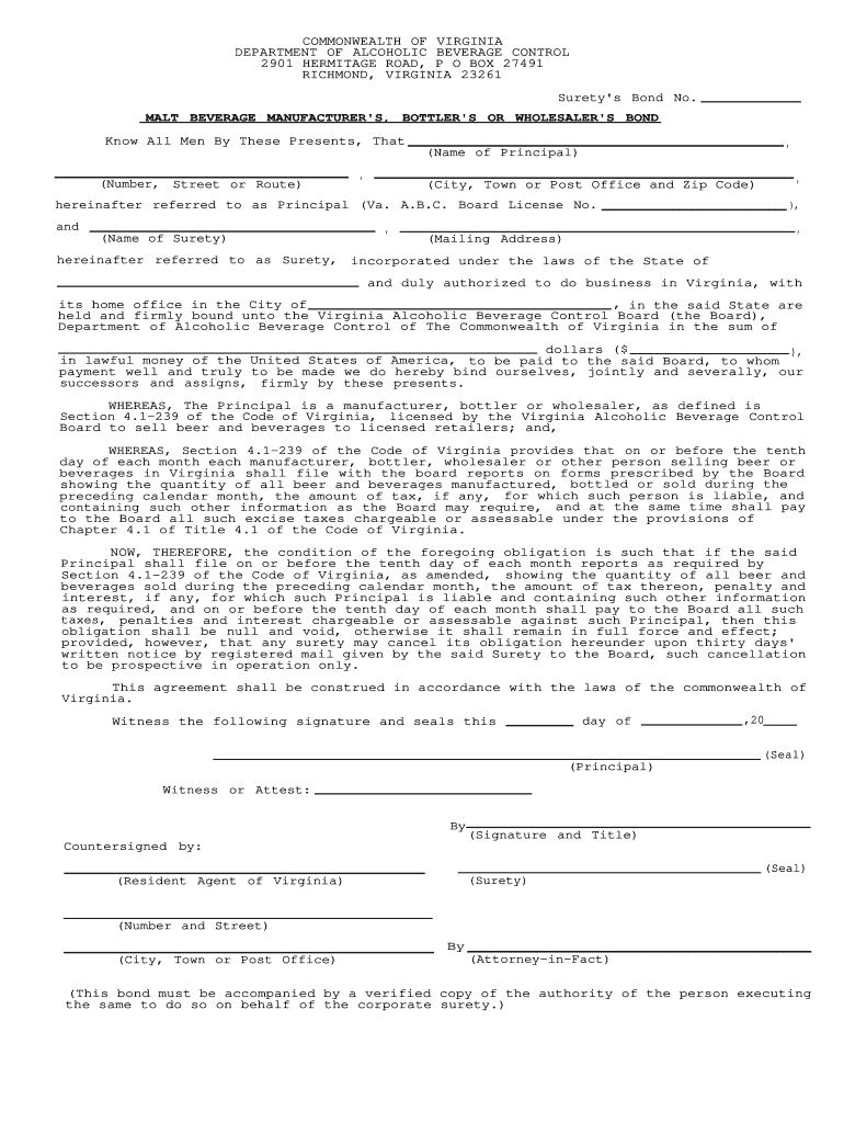 Malt Beverage Manufacturer Bottler Wholesaler Bond  Form