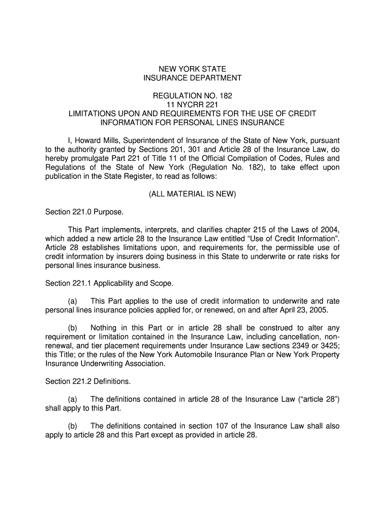 Regulation No 182 11 NYCRR 221 Limitations    New York State  Dfs Ny  Form