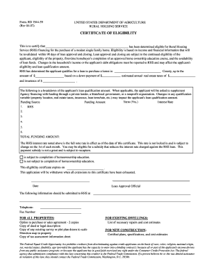 RD 1944 59 Rev 04 07 UNITED STATES DEPARTMENT of AGRICULTURE RURAL HOUSING SERVICE CERTIFICATE of ELIGIBILITY This is to Certify  Form
