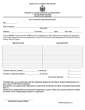 Maine Malt or Wine Label Registration Form