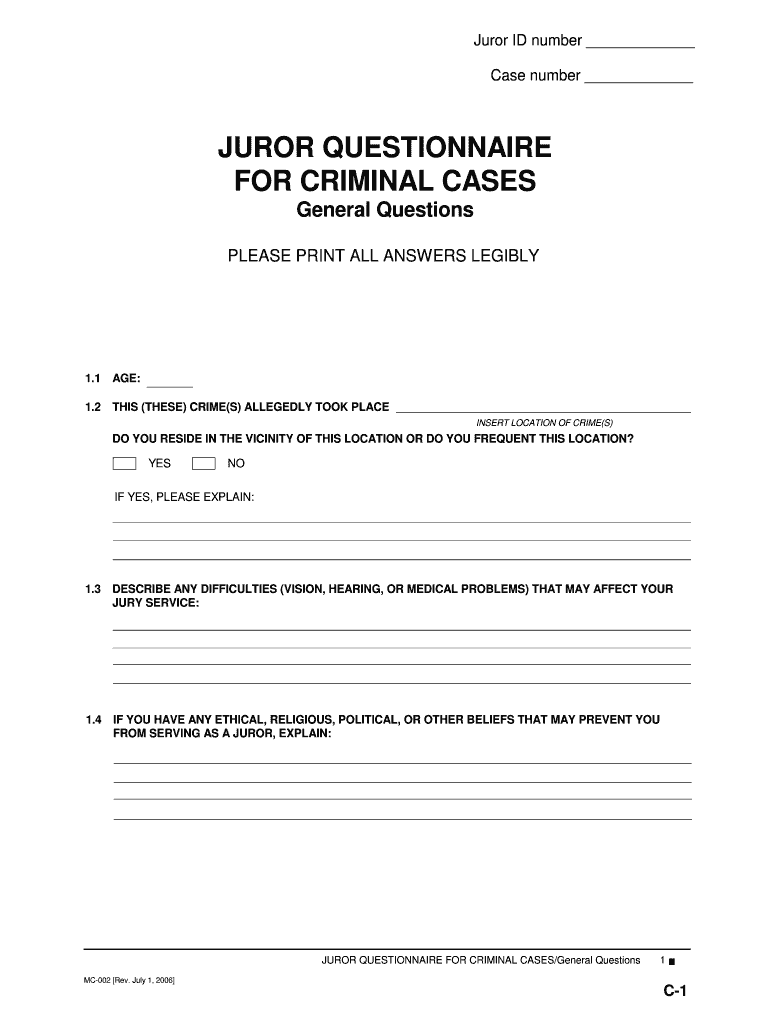  MC 002 Juror Questionnaire for Criminal CasesCapital Case Supplement Judicial Council Forms  Courts Ca 2006