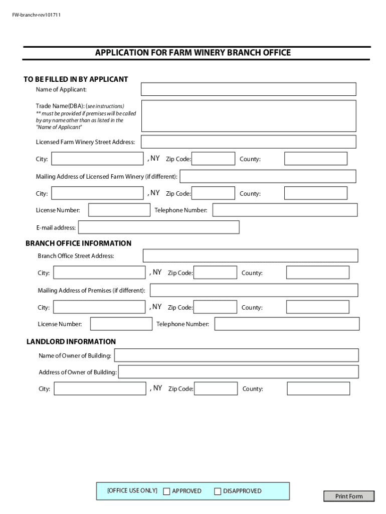 Farm Winery Branch Office Application New York State Liquor  Form