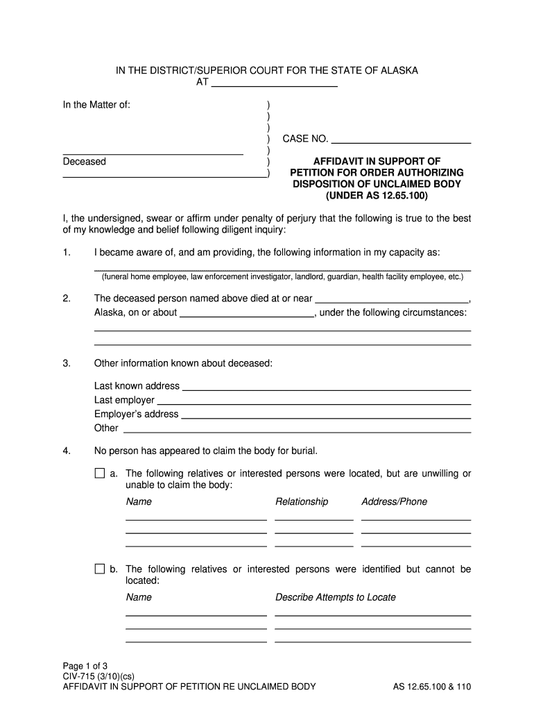 CIV 715 Affidavit in Support of Petition for Order Authorizing  Form