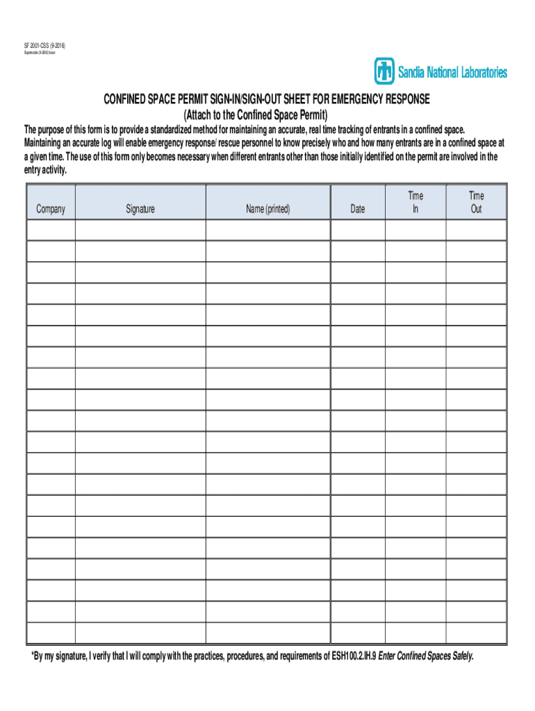  SF CSS; Confined Space Permit Sign InSign Out Sheet for Emergency Response; 2016-2024