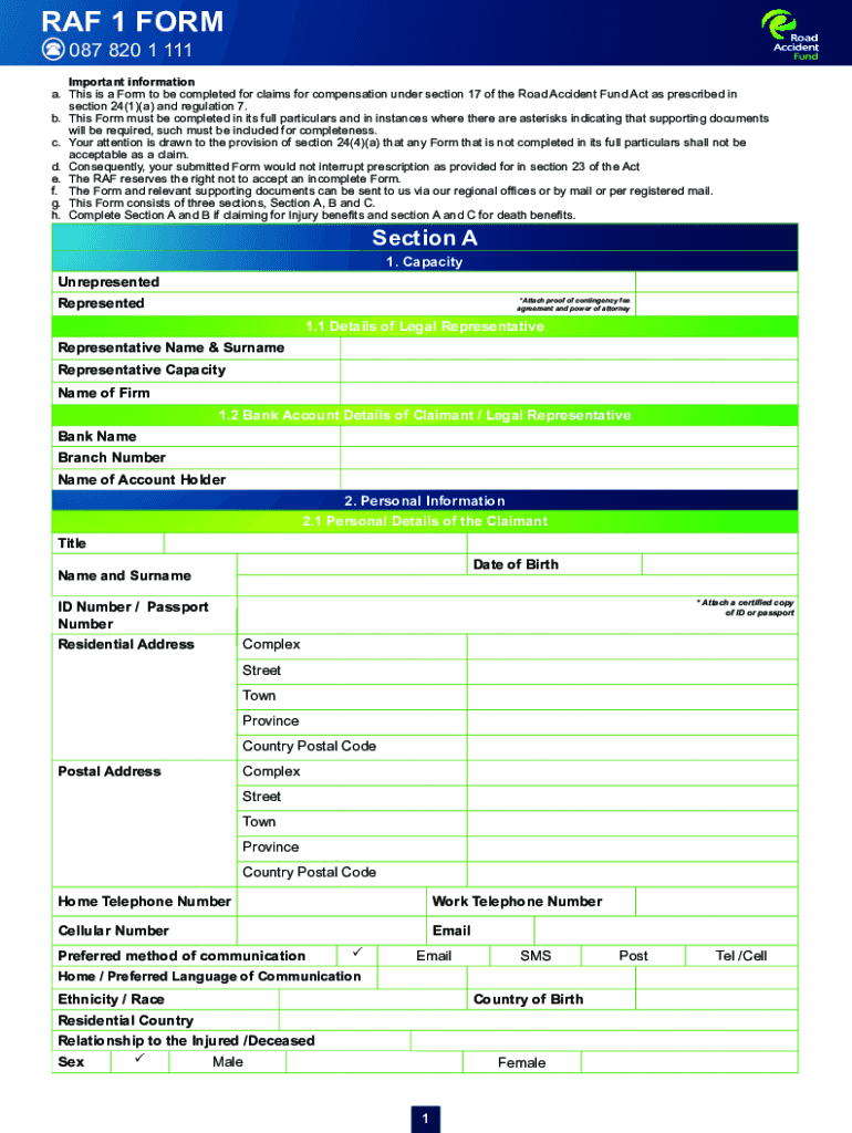  RAF 1 FORM Road Accident Fund 2023-2024