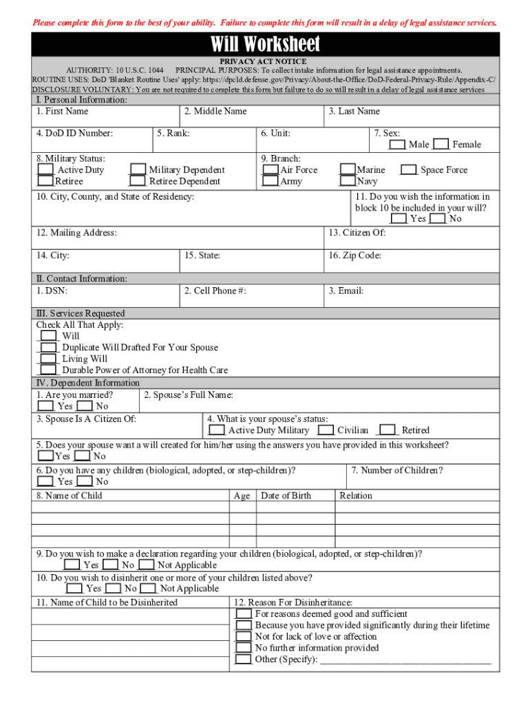 US Military Will Worksheet  Form