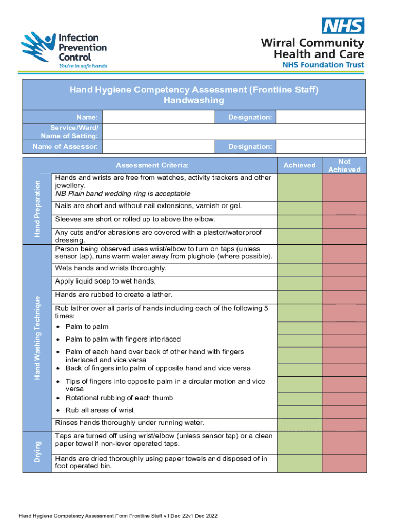 Hand Hygiene Competency Assessment Form Frontline Staff V1 Dec 22