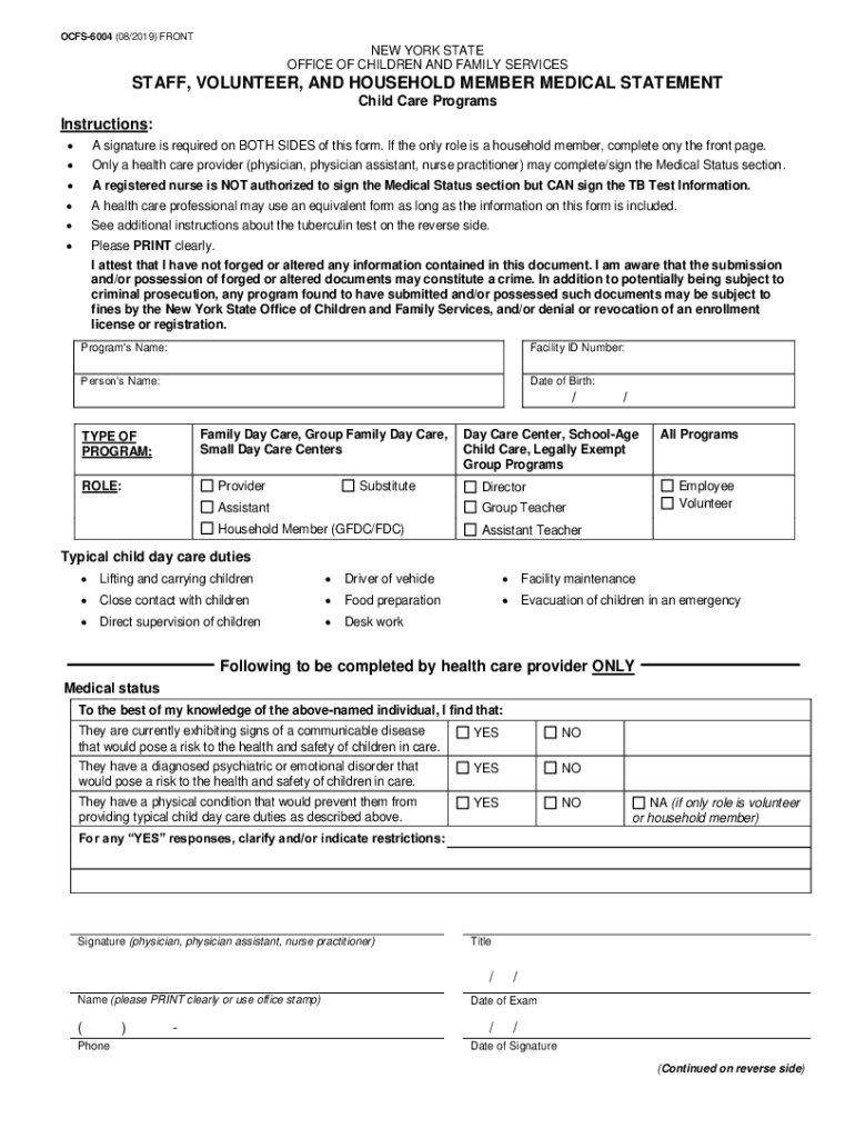  Staff, Volunteer, and Household Member Medical Statement 2019-2024