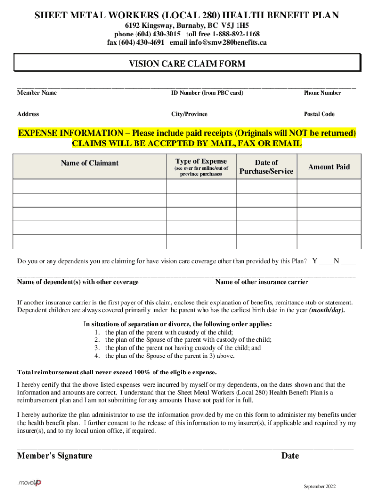 Fillable Online VISION CARE CLAIM FORM