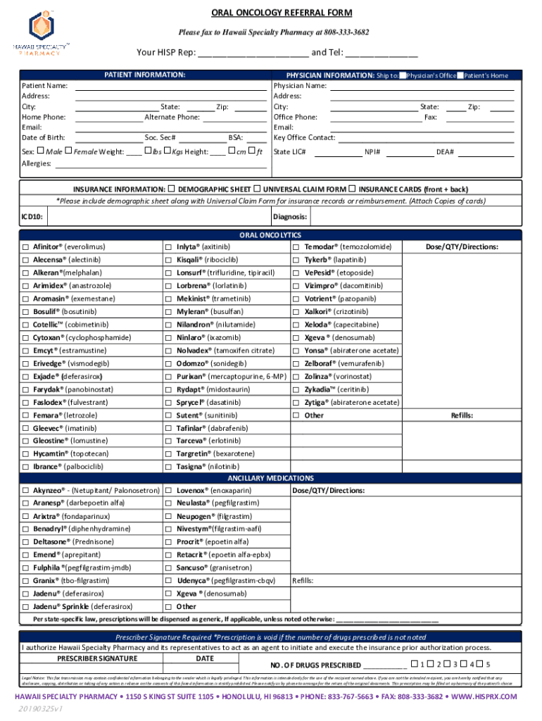 Prescription &amp;amp; Enrollment Form Oncology Oral a S