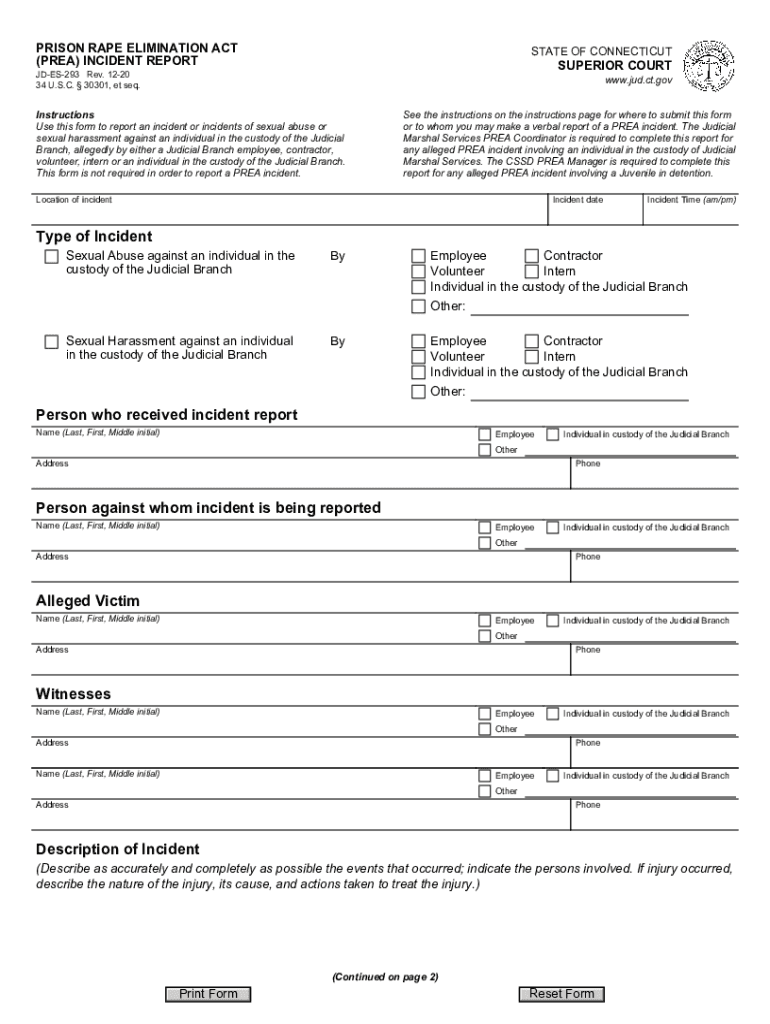 Connecticut Prison Rape Elimination Act PREA Incident  Form