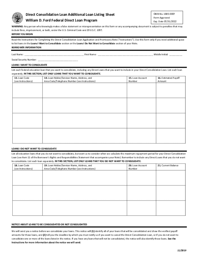 Direct Consolidation Loan Additional Loan Listing Sheet  Form