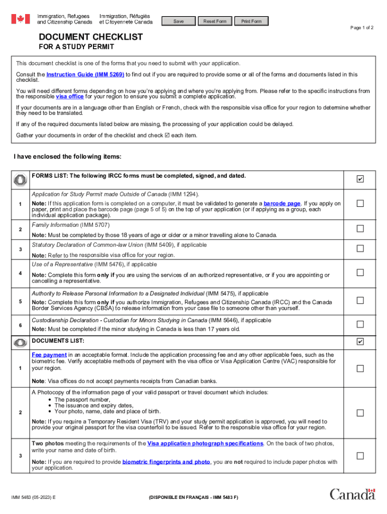  IMM 5483 E Document Checklist for a Study Permit 2023-2024