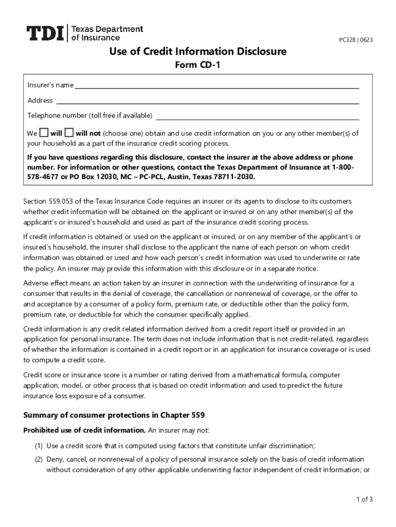 PC328 Use of Credit Information Disclosure Form CD 1 PC328 Use of Credit Information Disclosure Form CD 1