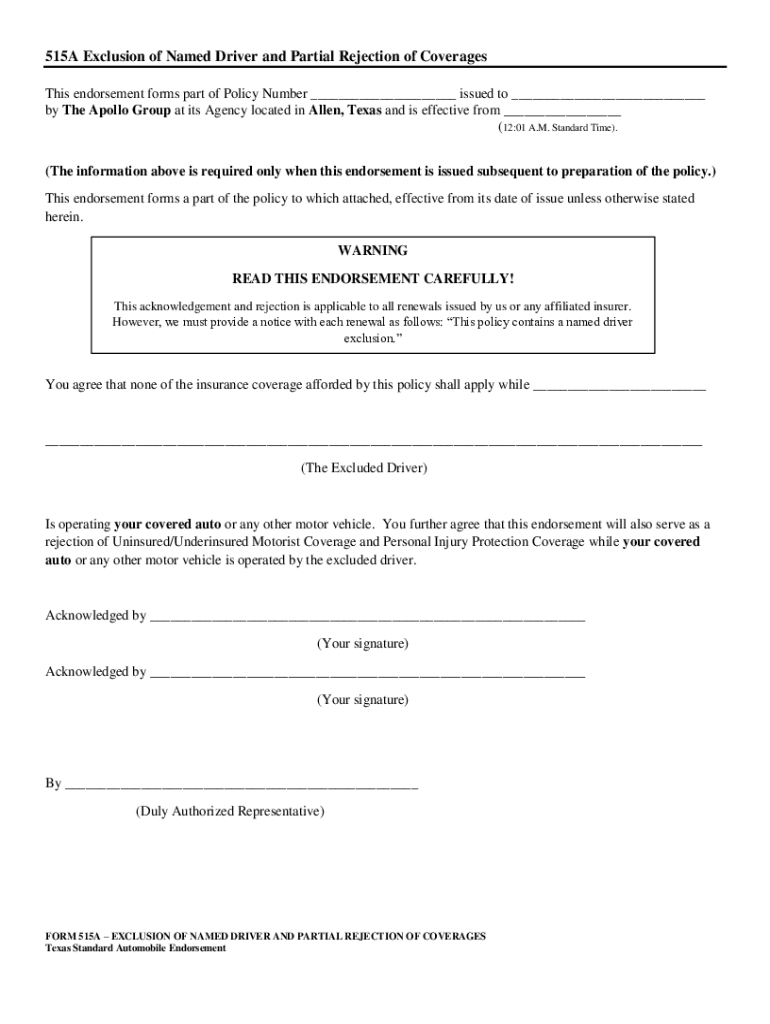  Fillable 515A EXCLUSION of NAMED DRIVER and 2016-2024