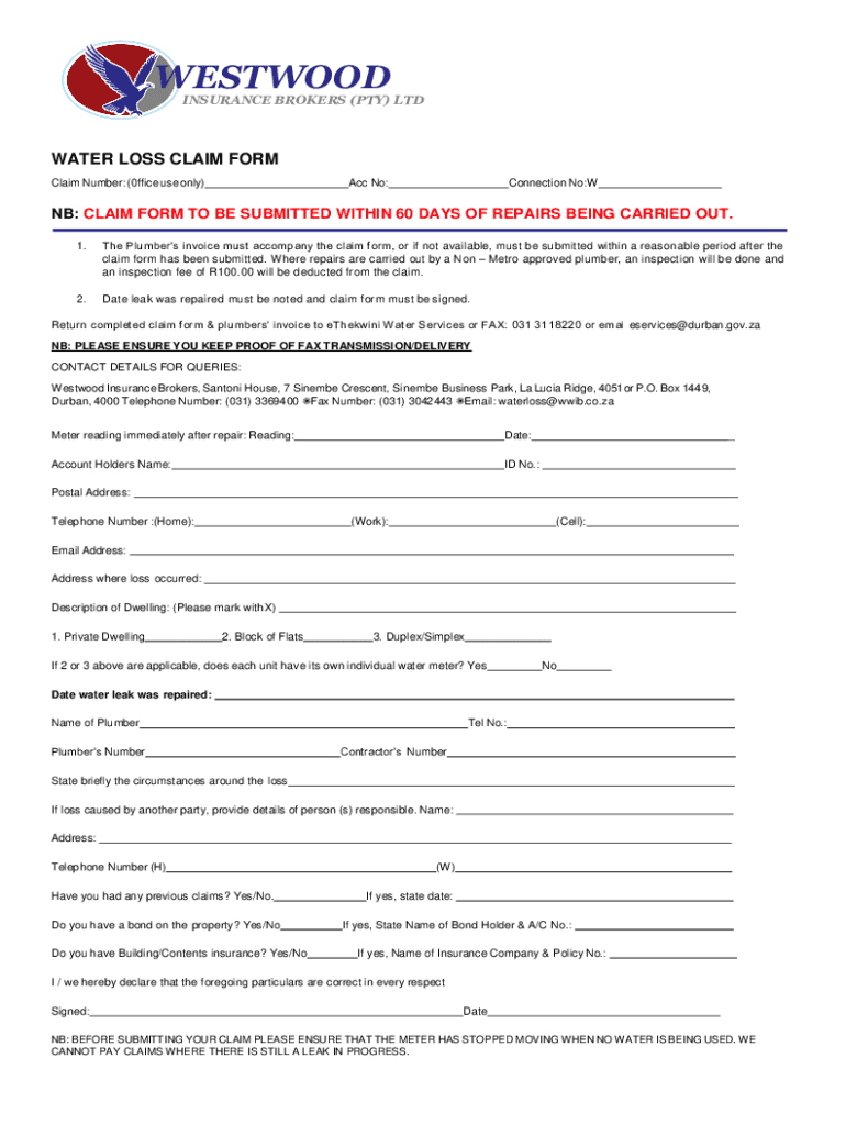 Water Loss Claim Form DOCX Durban 2023-2024