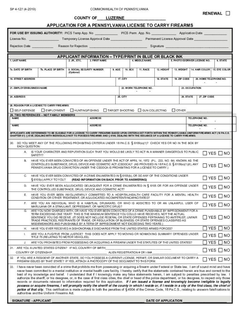 Application for a Pennsylvania License to Carry Firearms  Form