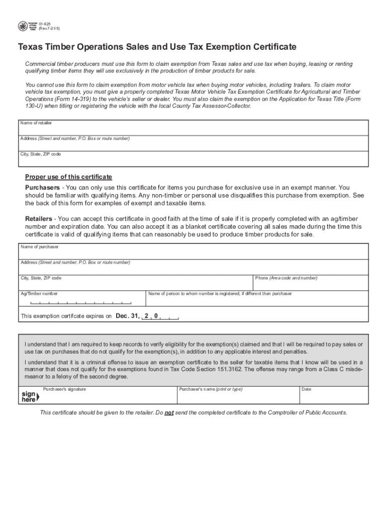 Form 01 925 Texas Timber Operations Sales and Use Tax