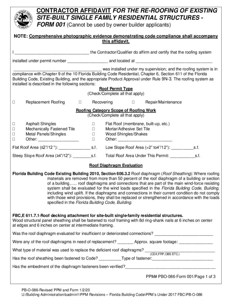  Use of Affidavits for the Reroofing of Existing Site Built Single Family Residential Structures 2020-2024