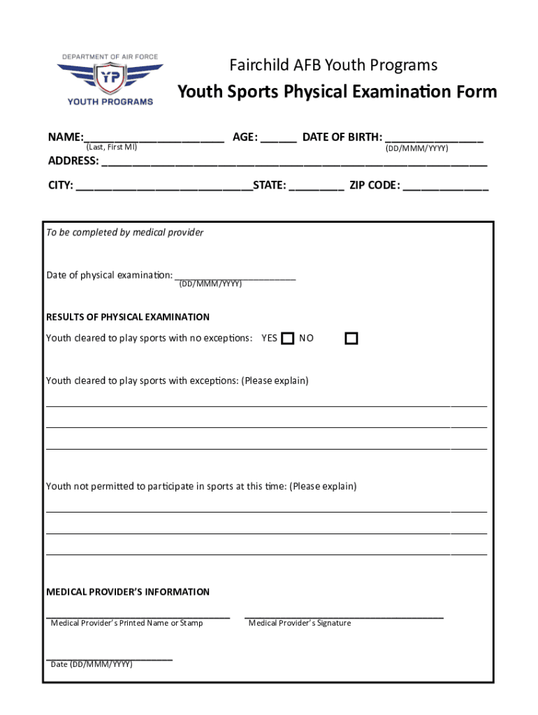  Youth Sports Physical Examination Form 2023-2024