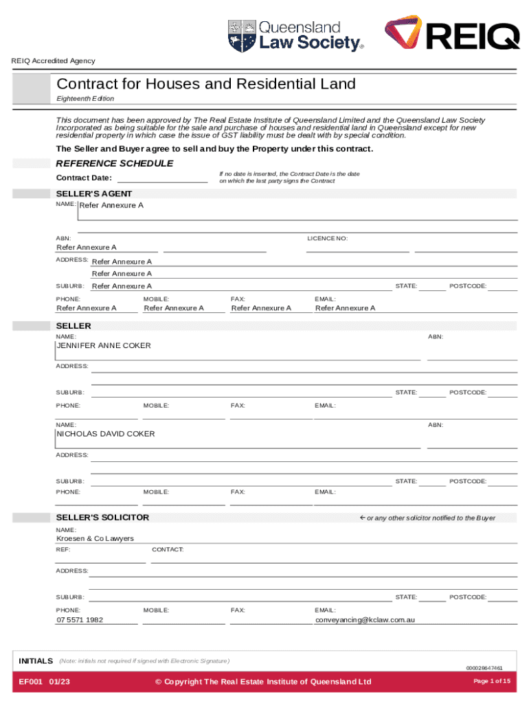 Queensland House and Residential Land Contract  Form