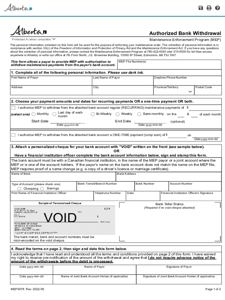 Authorized Bank Withdrawal Forms Government of Alberta