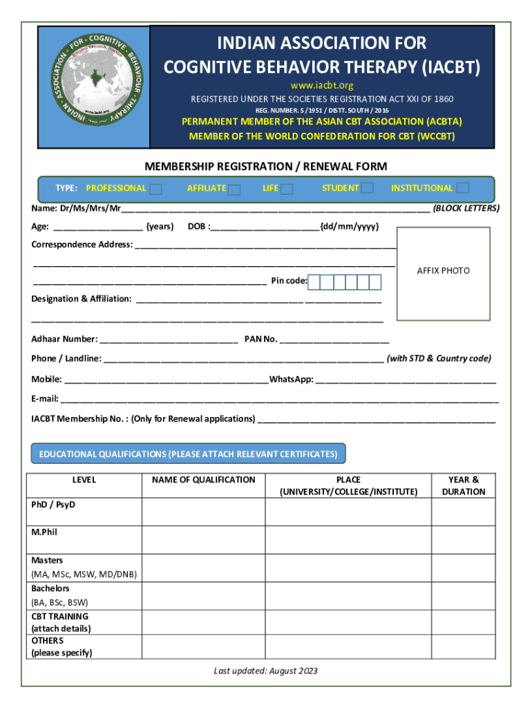 INDIAN ASSOCIATION for COGNITIVE BEHAVIOR IACBT  Form