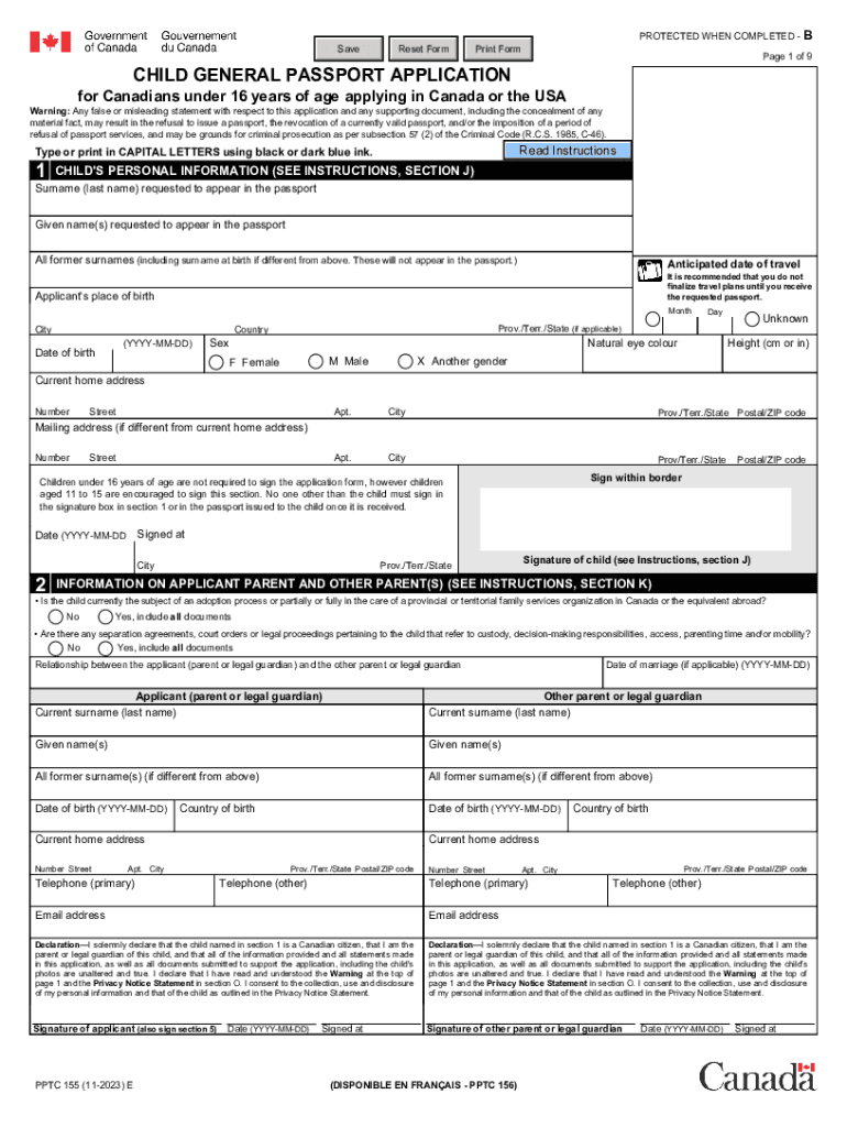 PPTC 155 E Child General Passport Application for Canadians under 16 Years of Age Applying in Canada or the Usa 2023-2024