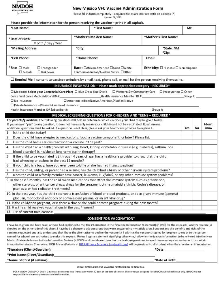 VFC Program Distribution of Pediatric Vaccines  Form