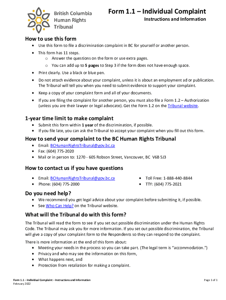  BC HUMAN RIGHTS TRIBUNAL Use This Form to File a Discrimination Complaint in BC for Yourself or Another Person 2022-2024