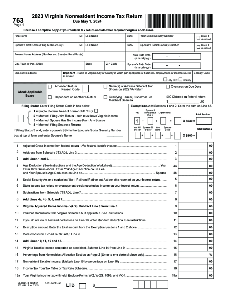 Draft Form 763, Virginia Nonresident Income Tax Return Virginia Nonresident Income Tax Return