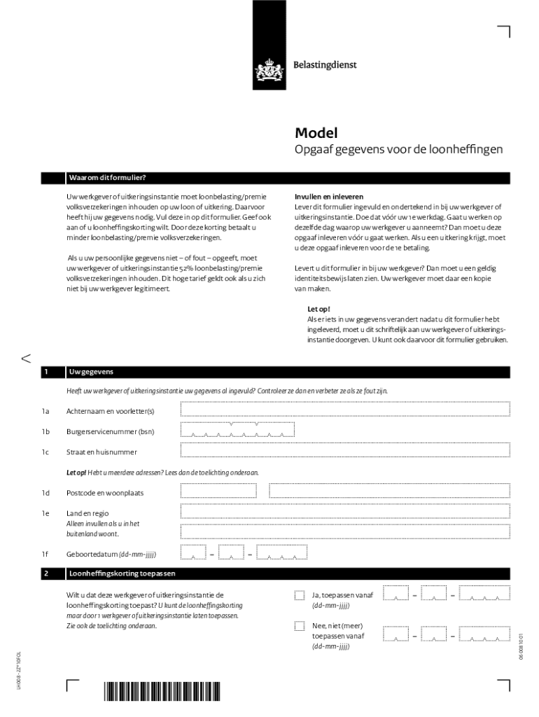 Wage Tax Form Model Opgaaf Gegevens Loonheffingen